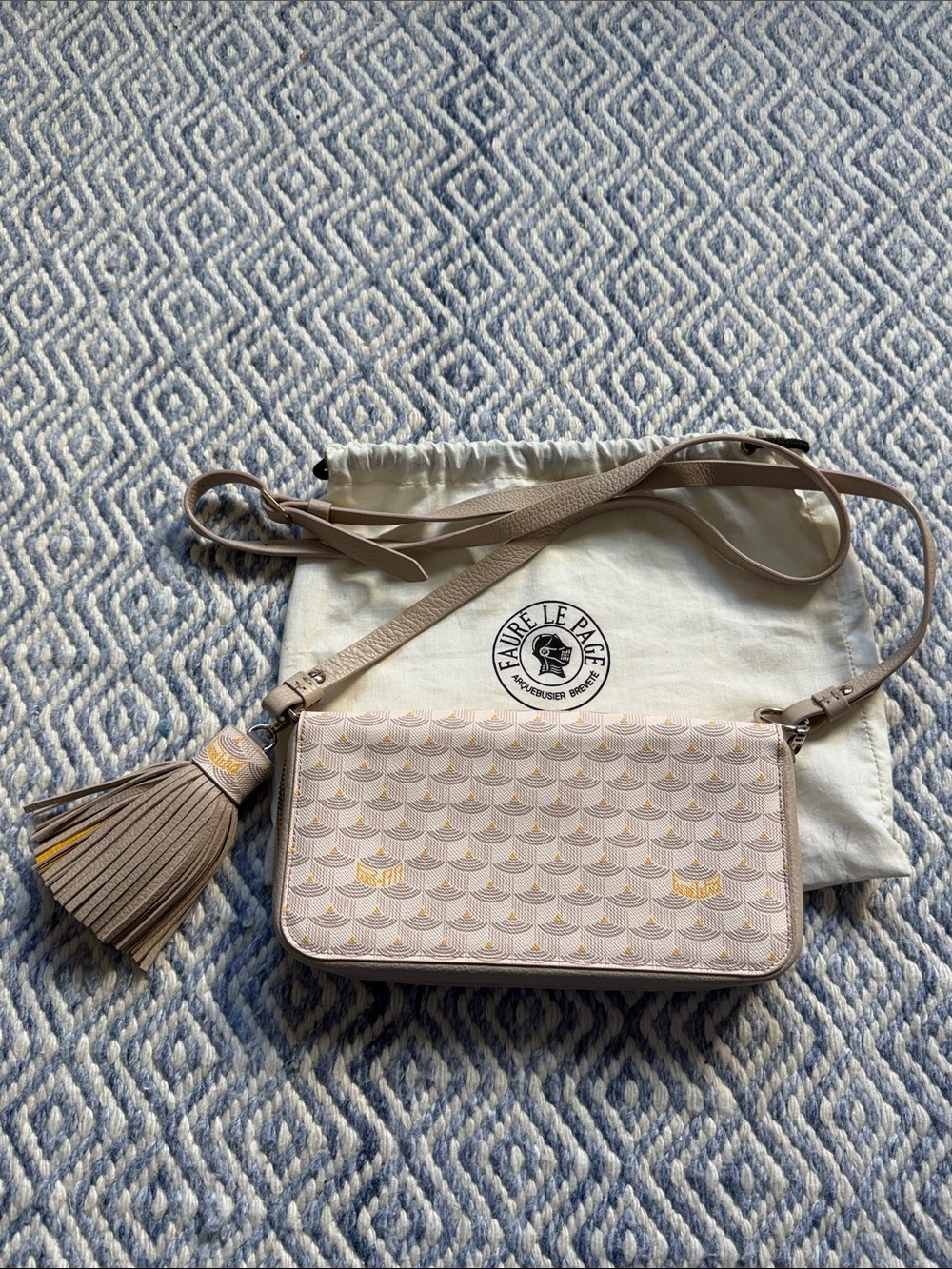 Faure Le Page Cream Beige Patterned Crossbody Wallet/Bag with Tassel